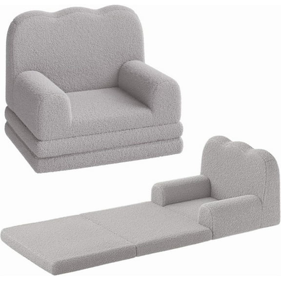 Towallmark Kids Couch, 2 in 1 Toddler Sofa Bed Convertible to Lounger, Soft Sherpa Foam Chair with Washable Cover, Playroom Nursery Furniture for Boys Girls, Gray Wavy Design