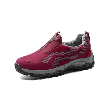 

Ymiytan Womens Mens Warm Casual Shoes Slip On Sneakers Comfort Walking Shoe Climbing Flats Breathable Non-Slip Purplish Red with Plush Lined 5