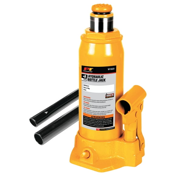 Performance Tool Jack W1623 Bottle Jack; Hydraulic; 4 Ton Capacity; 7-5/8 To 14-5/8 Inch Lift Height; Yellow
