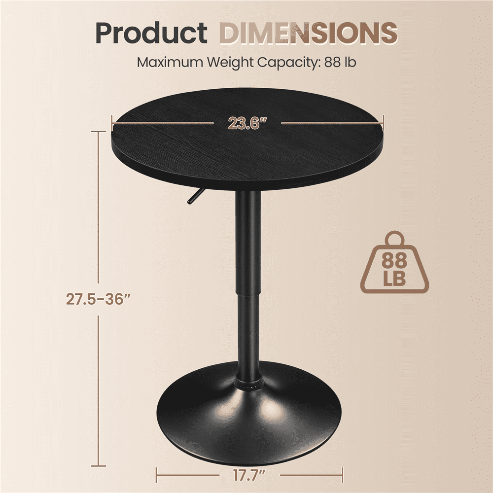 Alden Design Adjustable Pub Round Table 27.5”- 36” Height with MDF Tabletop for Home Bar, Full Black