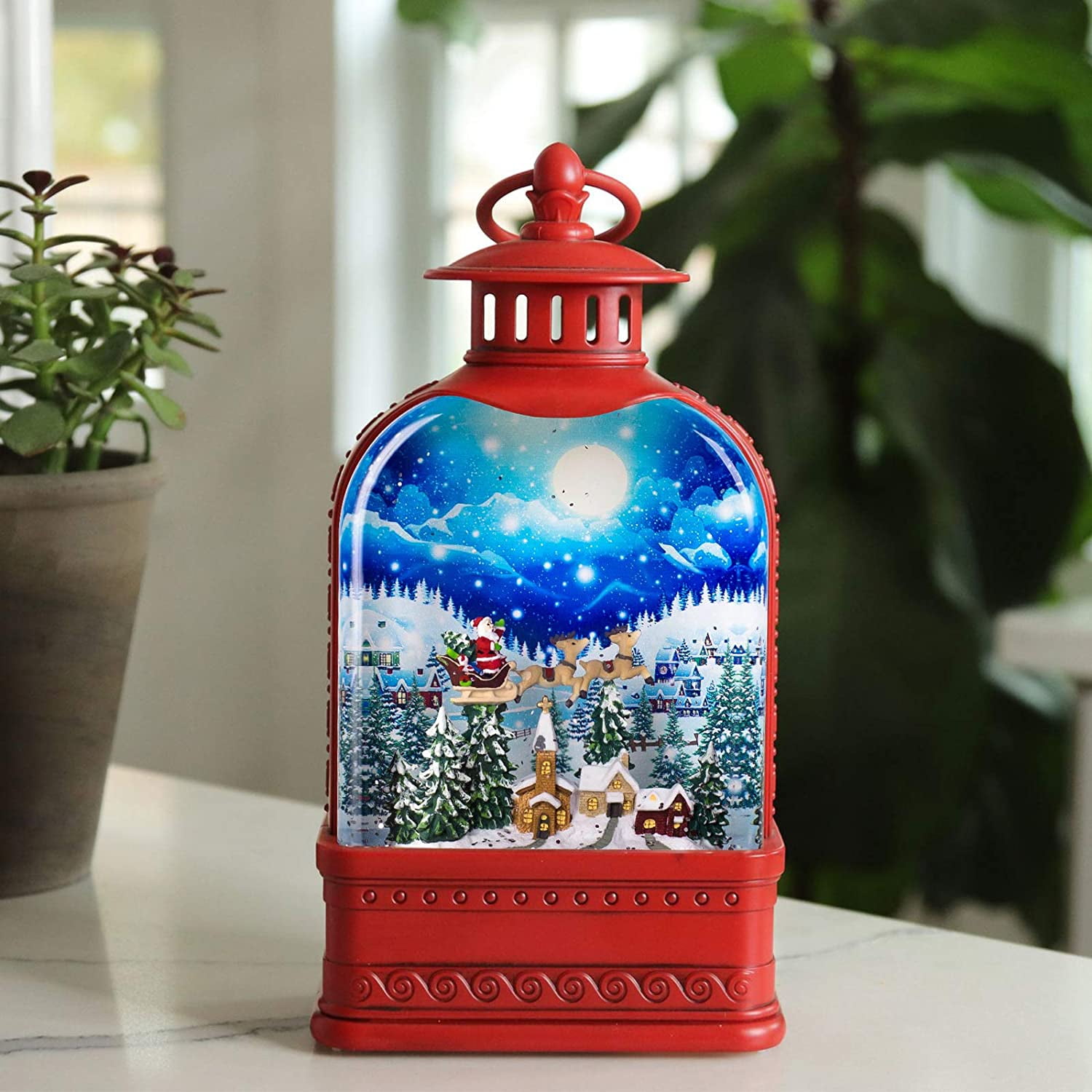 Musical Snow Globe Water Lantern Lighted with Flying Santa in Swirling