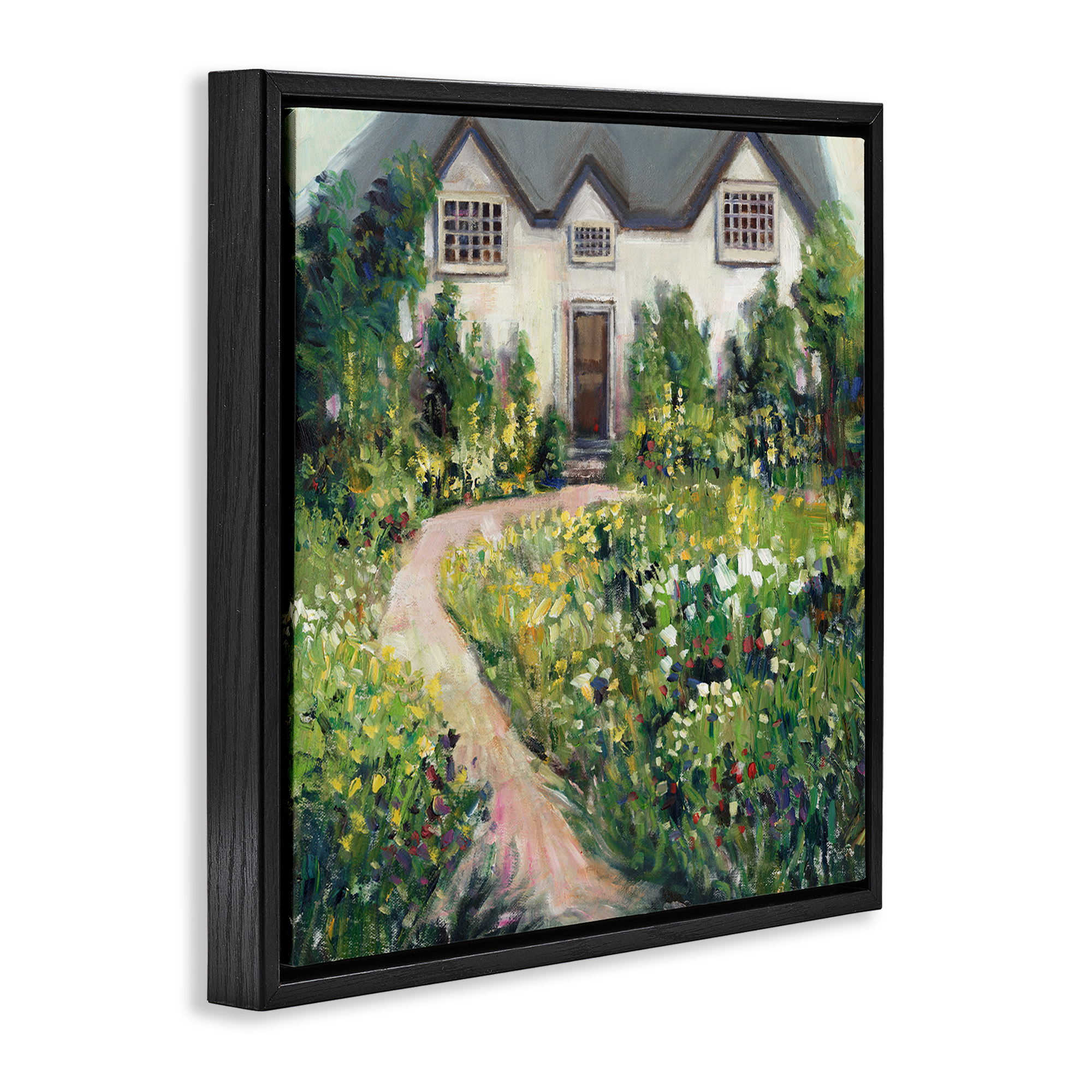 Stupell Industries Rural Floral Cottage Garden Blooms Travel & Places Painting Black Floater Framed Canvas Art Print Wall Art, 18 x 18