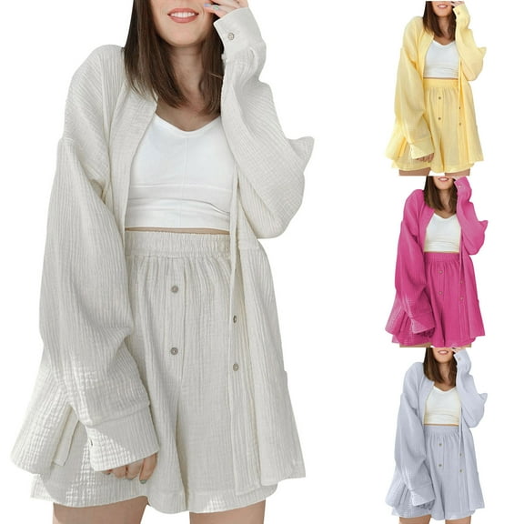 qolati Women's 2 Piece Outfits Casual Long Sleeve Button Down Shirt and Shorts Fall Lounge Sets Trendy Work Tracksuit Matching Sets