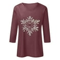thumbnail image 4 of GBSYEWXS Christmas Women T-Shirts Dark Purple V-Neck Snowflake Print Comfortable Tops Relaxed 3/4 Sleeve Tee, 4 of 4