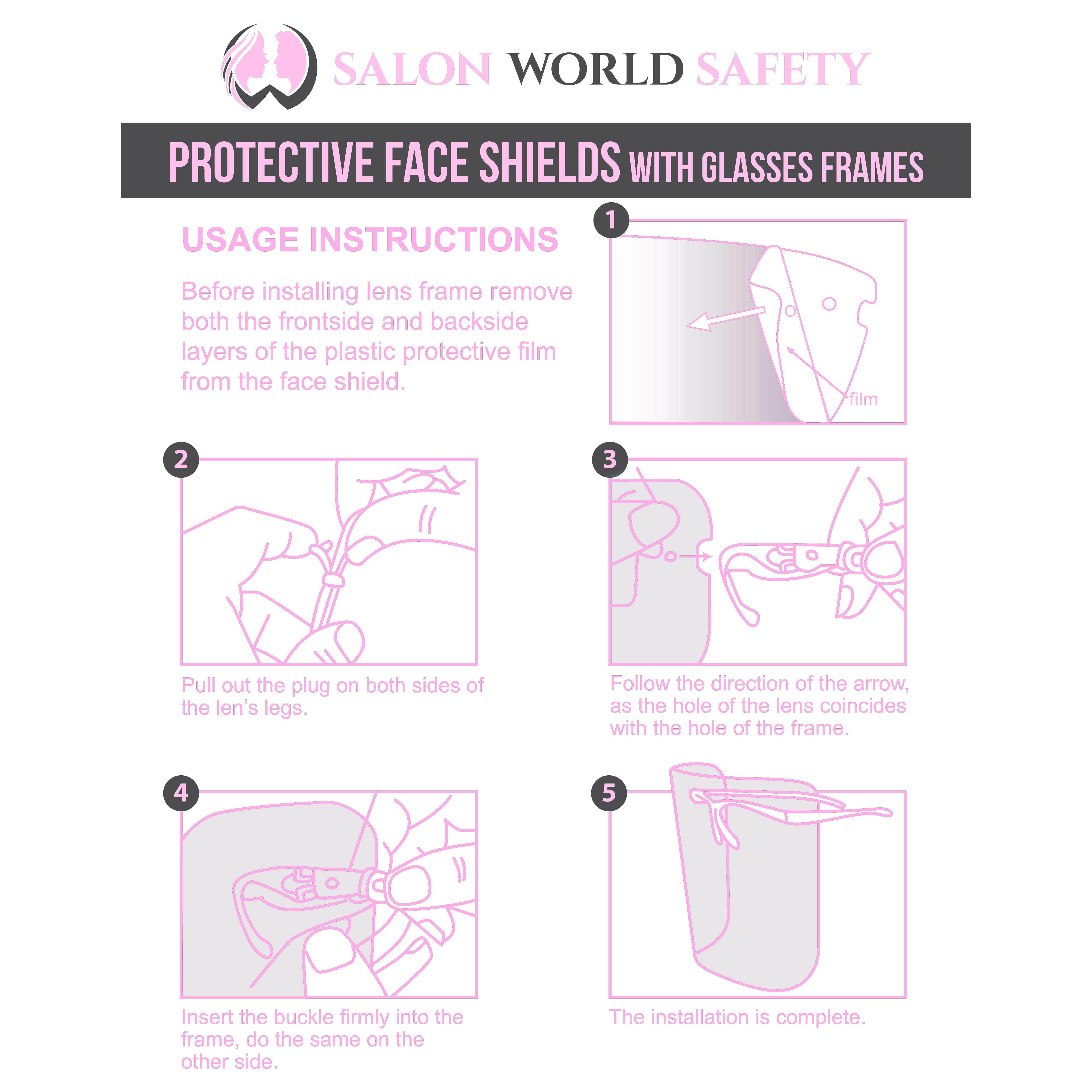TCP Global Salon World Safety Face Shields with Pink Glasses Frames (Case of 500) - Ultra Clear Protective Full Face Shields to Protect Eyes, Nose, Mouth - Anti-Fog PET Plastic, Goggles