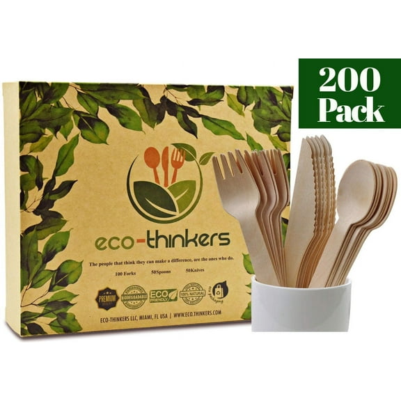 ECOTHINKERS Disposable Wooden Cutlery Set 200 pieces | 100% Eco Friendly Biodegradable Utensils Wooden Utensils Wooden Spoons