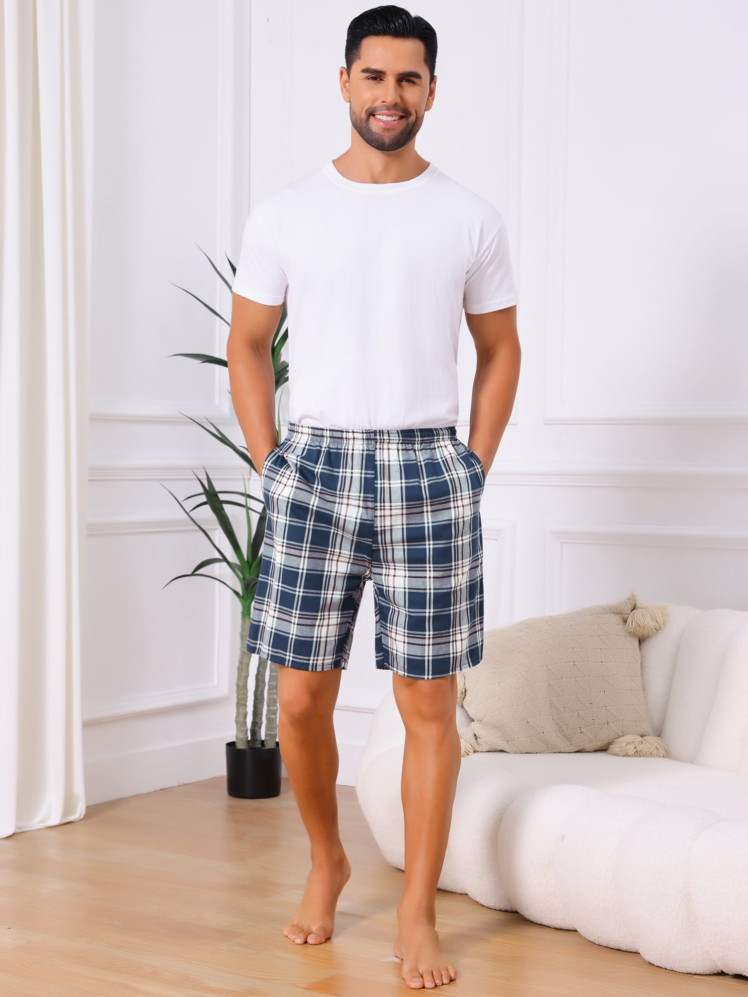 DARING DIVA Men's Elastic Waist Plaid Pajamas Sleep Shorts 34 Blue Brown