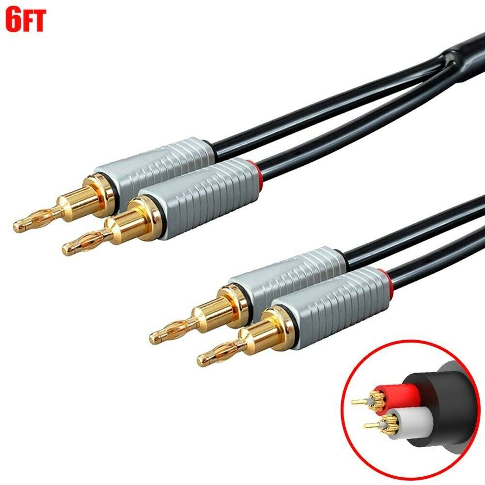 6FT BiWire Banana Plug Connector Audio Speaker Cable Copper 14AWG Gold