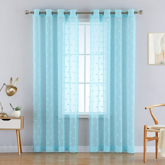 GlowSol Sheer Pom Pom Curtains for Kids Room 84 inches Soft Voile Textured Jacquard Bubble Light Filtering Window Curtains, 2 Panels, Blue