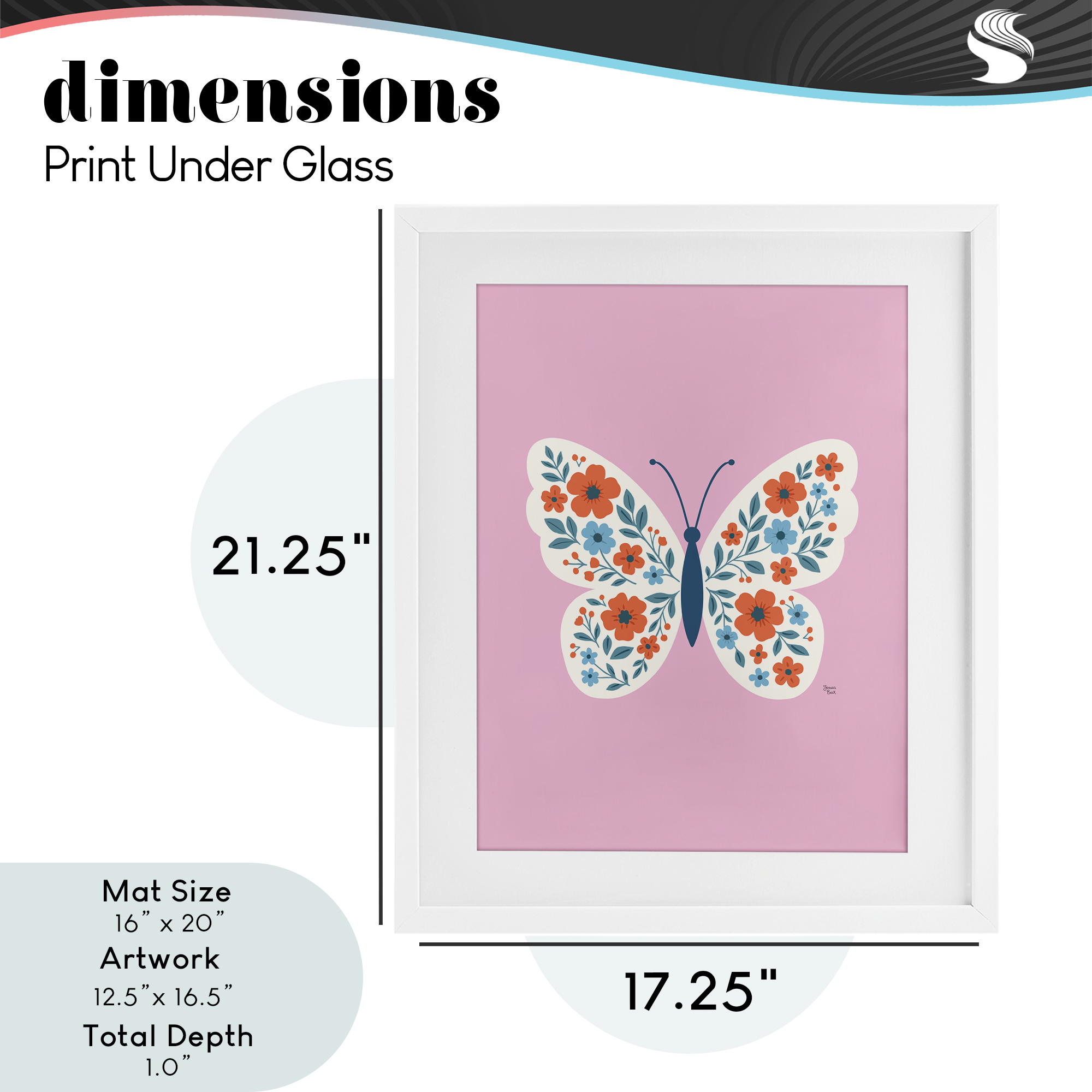 Boho Pink Floral Butterfly White Framed Print Under Glass, design by Jessica Beck