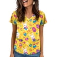 thumbnail image 2 of OIOLOYJM Easter Scrubs Tops for Women Funny Stretchy Bunny Eggs Graphic Tops Short Sleeve V Neck Shirt Holiday Oversized T Shirts with Pockets Yellow XL, 2 of 6