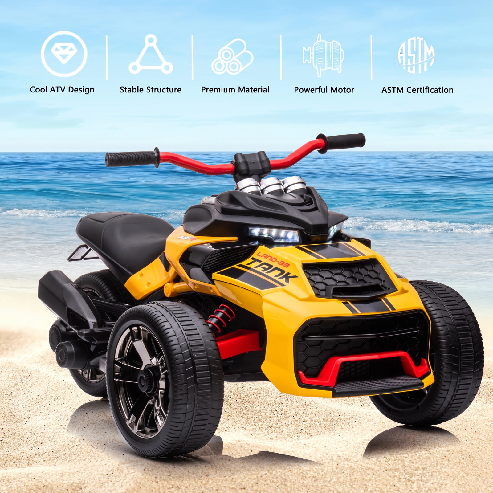 LUIBAS 24V Kids ATV Ride On Motorcycle Electric 3 Wheeler Ride-On Electric ATV Kids Ride On Toys for Kids with Battery Powered Motor, EVA Wheels, w/LED Lights, Bluetooth, MP3 for 3+ Years, Yellow