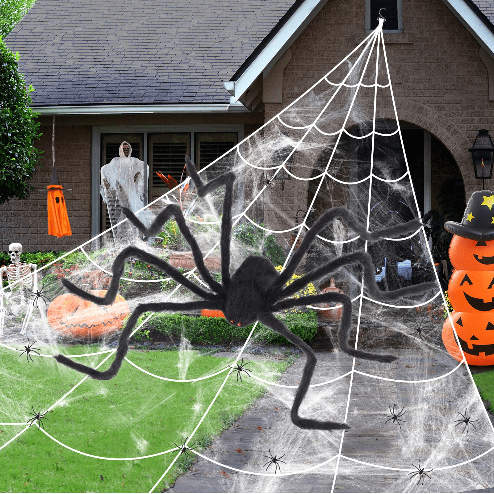 Halloween Spider Decorations, Aitey Halloween Scary Giant Spider Set with 4  Large Fake Spider, Spider Web, 20 Small Plastic Spiders, Cobwebs for