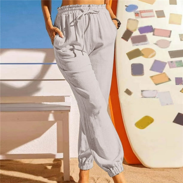 Gibobby Pantalones Mujer Trajes Casual Pantalones de lino de algodon casuales comodos solidos con cintura elastica para mujer con bolsillos