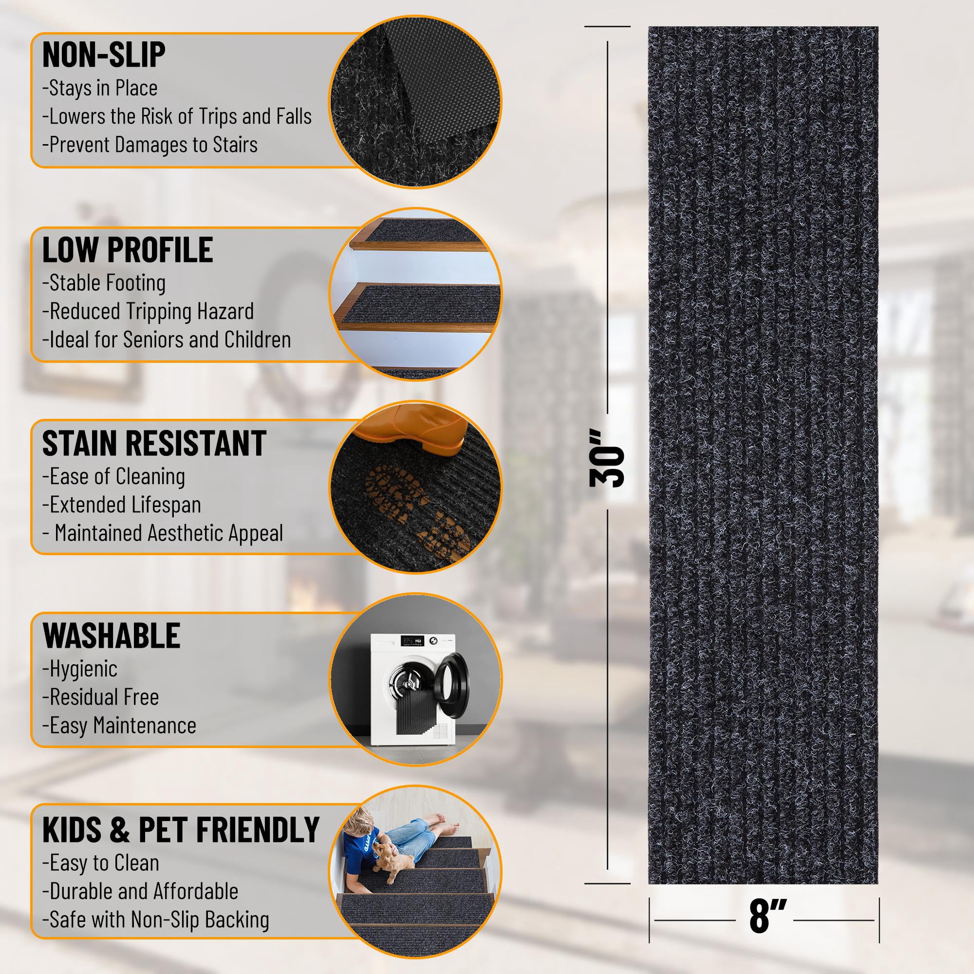 Ottomanson Indoor/Outdoor Non-Slip Stair Treads for Wooden Steps 8" x 30" Rubberback Step Mat, 7 Pack, Black