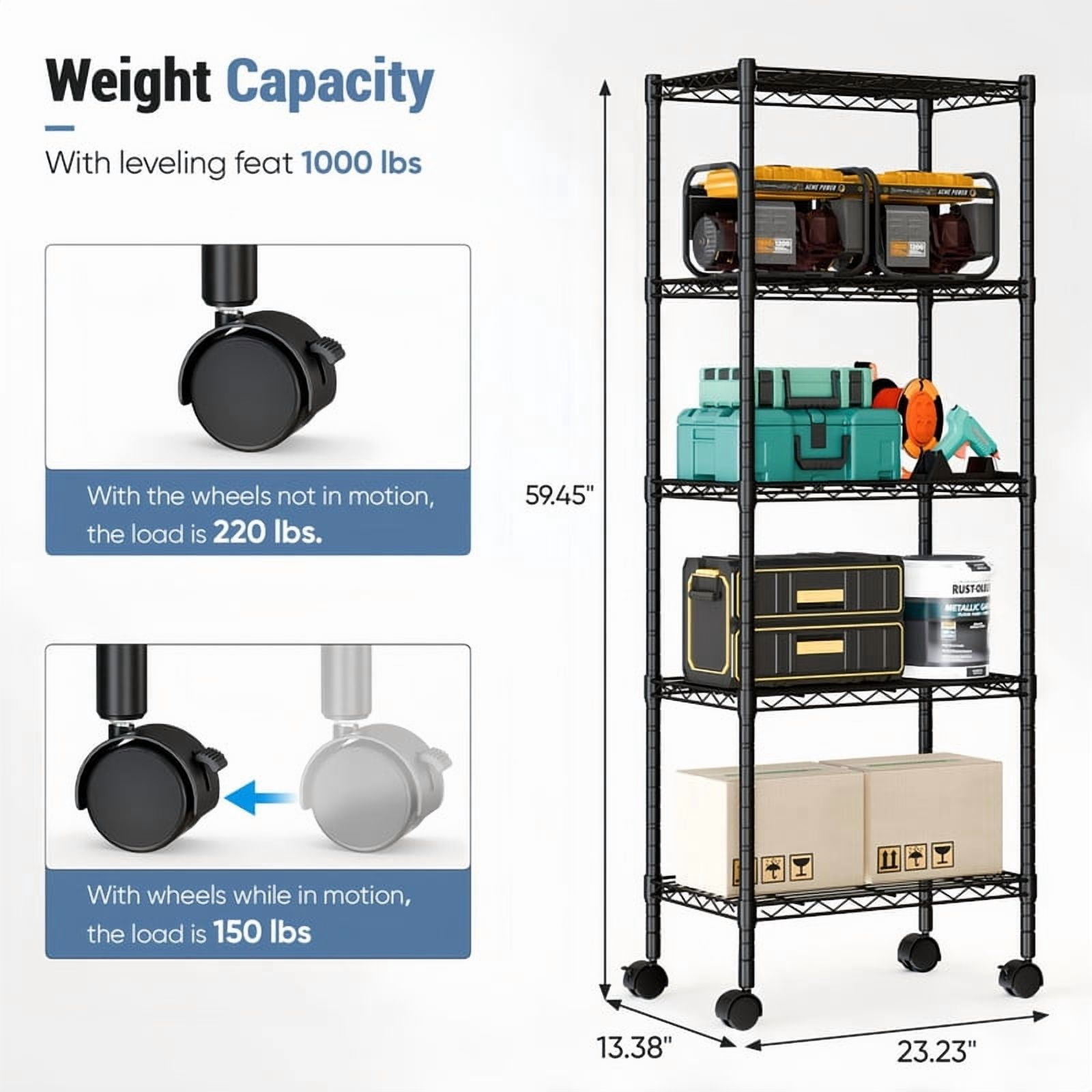 Kelno 5 Tier Wire Shelving with Lockable Wheels Adjustable Metal Storage Rack, Black