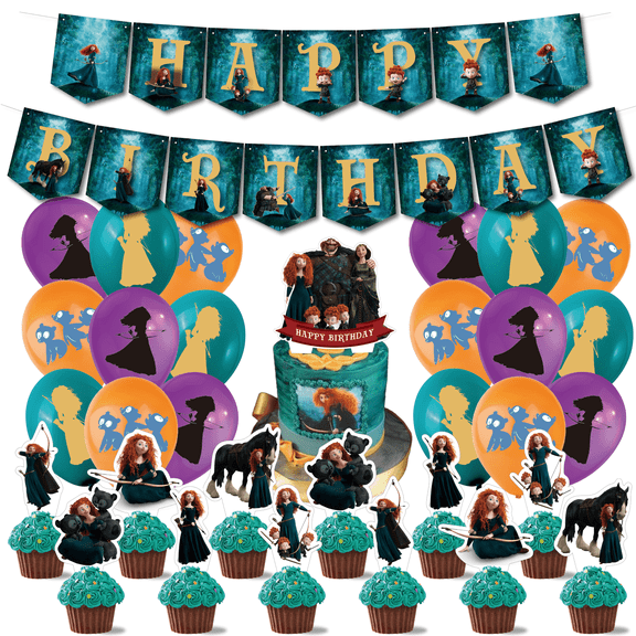 32 PCS For Merida Cartoon Themed Party Decorations and Favors Set – Banner, 18 Balloons and 13 Cupcake Toppers for Celebration Birthday Parties Supplies