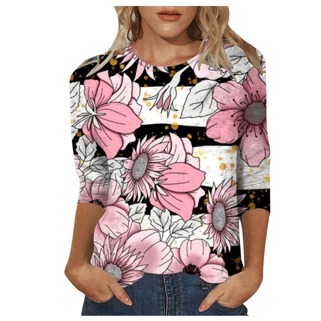 TSADFHJI T-Shirts pour Femmes Ample Décontracté Imprimé Floral Col Rond Manches 3/4 T-Shirt Ample L Blanc