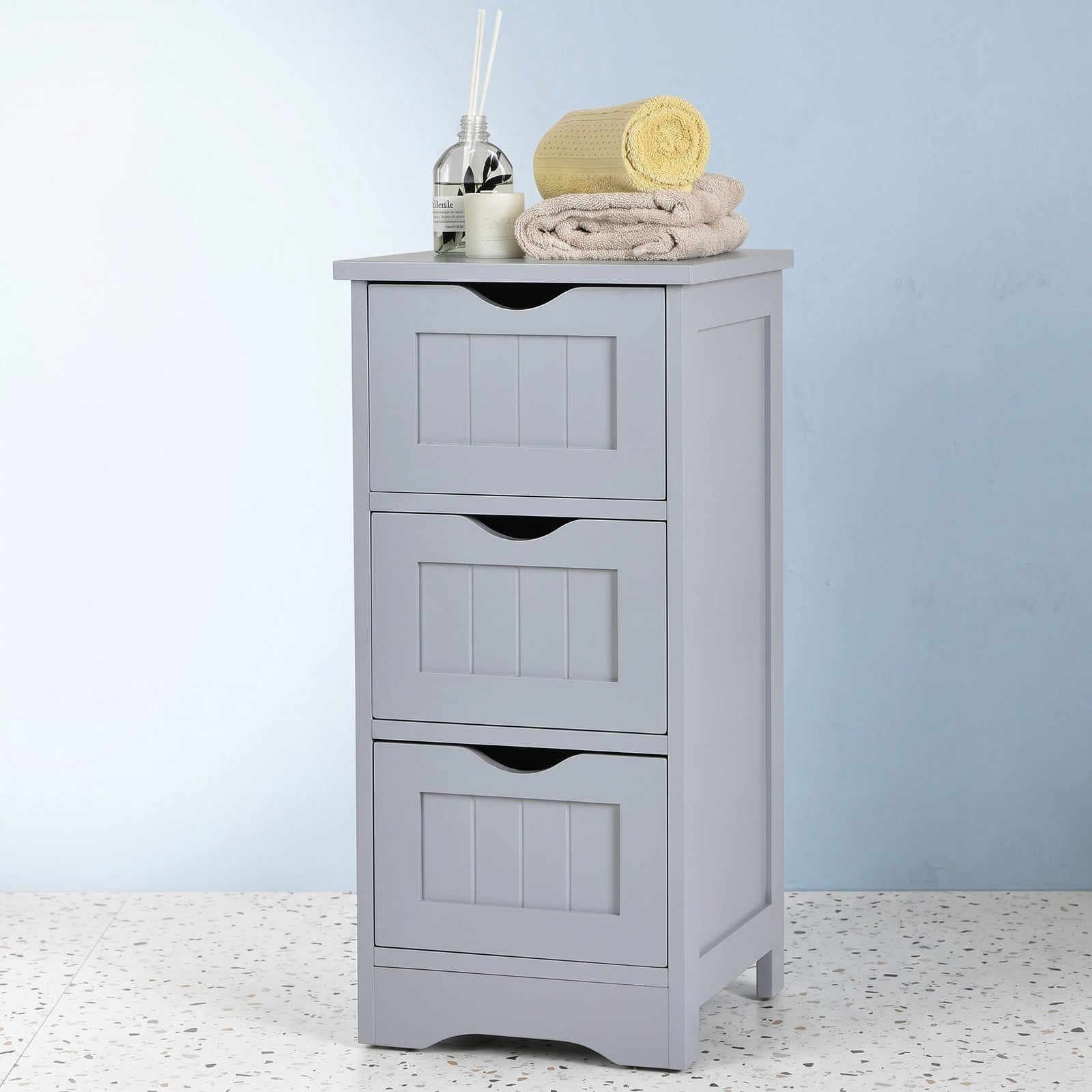Fenbeli Freestanding Bathroom Floor Cabinet with 3 Drawers, Slim MDF Storage Organizer Tower for Small Bathroom, Bedroom, Entryway, Space-Saving Side End Table, Gray