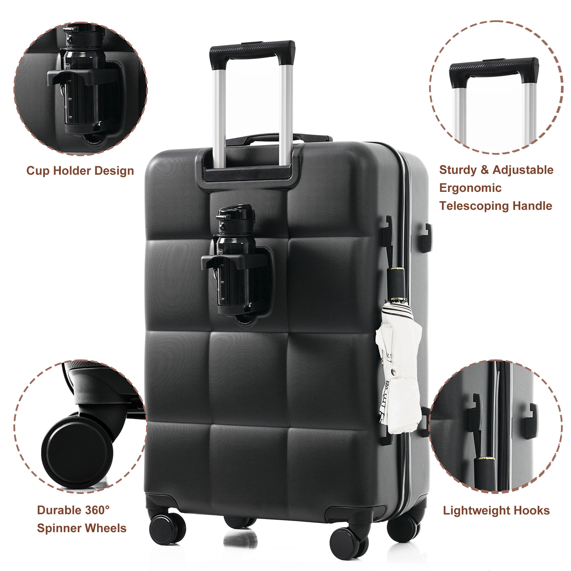 Euroco 4 Piece Luggage Sets, ABS Hardside Durable Suitcase with Travel Bag,Cup Holder, Spinner Wheels and TSA Lock for Travel(20"/24"/28"),Black