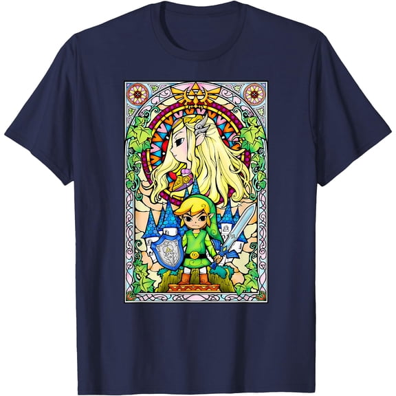 Zelda Link & Princess Stained Glass DTG Print Unisex T-Shirt