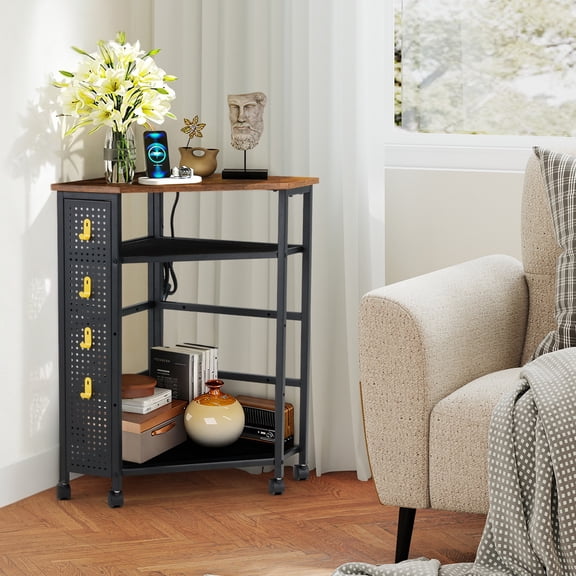 HOMEREST Printer Stand with Hooks and Wheels, Mobile Adjustable Storage Shelf with Charging Station for Home Office, Rustic Brown