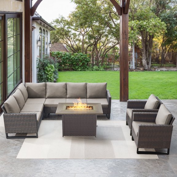 POCASSY 6PCS Patio Furniture Set with Fire Pit Table - All Weather Brown Wicker Outdoor Sectional Sofa with Club Chair and 41" Rectangular Propane Firepit Table for Deck, Porch, Garden - Gray