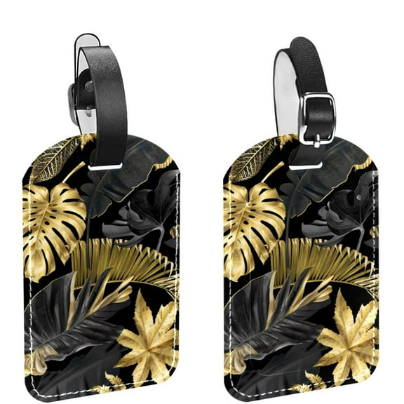 Square 2Pack PU Leather Gold Black Tropical Leaves Cruise Luggage Tag with Privacy Cover and Name ID Tag for Travel Handbags Backpacks Luggage Tags