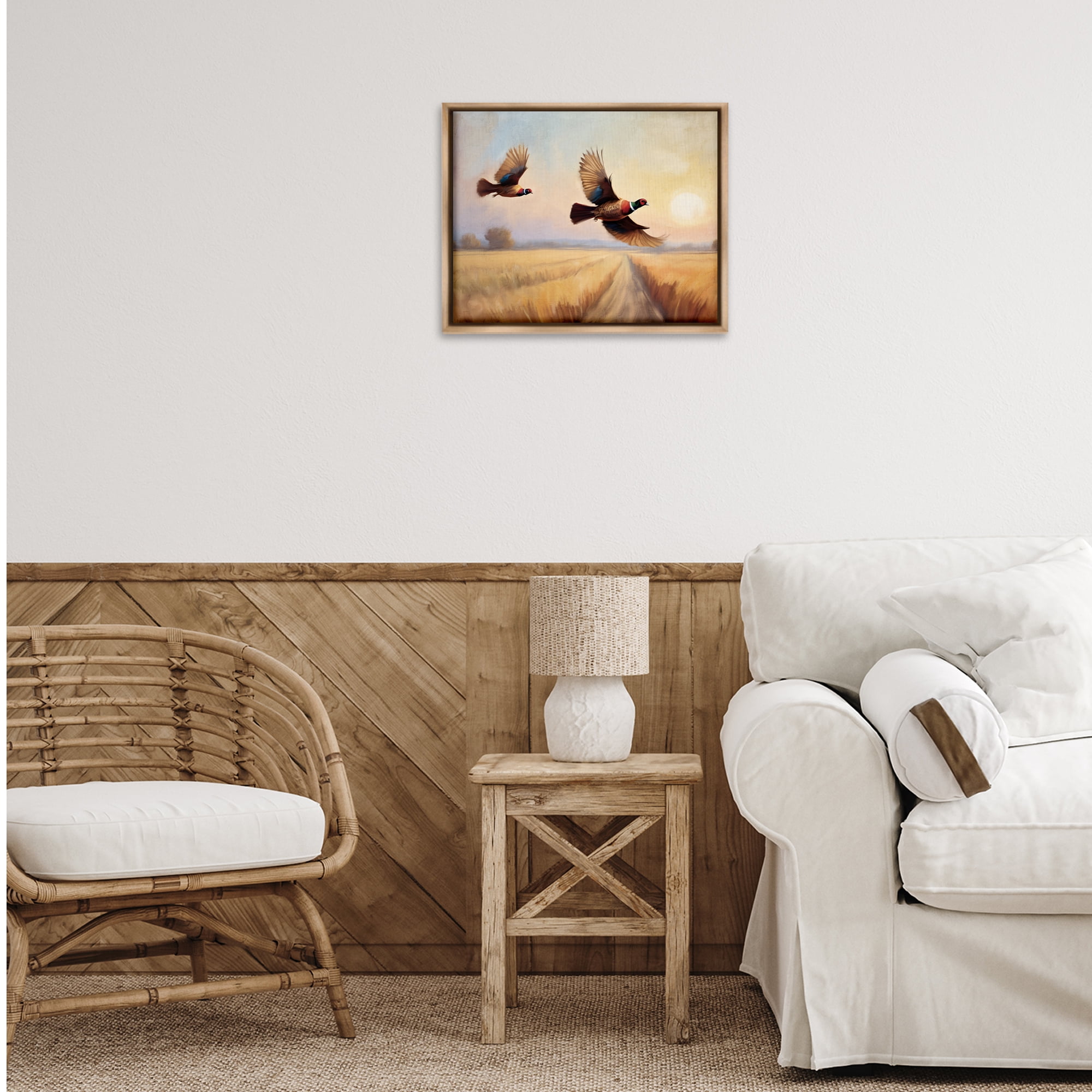 Stupell Industries Fall Flight Pheasants Landscape & Nature Painting Brown Floater Framed Canvas Art Print Wall Art, 21 x 17