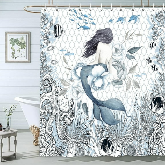 Mermaid Shower Curtain,Nautical Shower Curtain for Bathroom,Blue Ocean Beach Coastal Octopus Shower Curtains,Seagrass Coral Girl Bathroom Decoration Shower Curtain,Cute Fabric Shower Curtain 72X72in