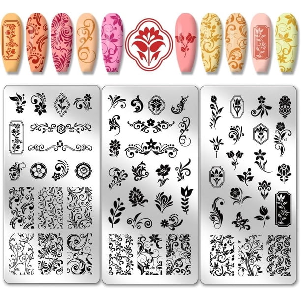 Juego de 3 placas de estampado de uñas con textura floral, 61 diseños de hojas y flores, decoración para uñas, plantillas para uñas, placas de acero inoxidable con imágenes para uñas.