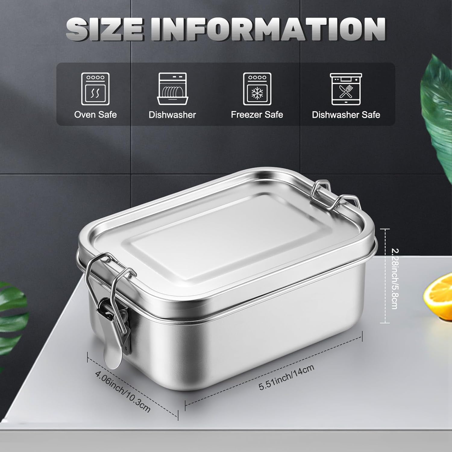 Topboutique Stainless Steel Bento Container,Lunch Box,Leak Proof Food Container,550 ml Metal Lunch Containers,Lunch Snack Boxes,Portable/Lockable Clips/Dishwasher Safe/Reusable,1Pc