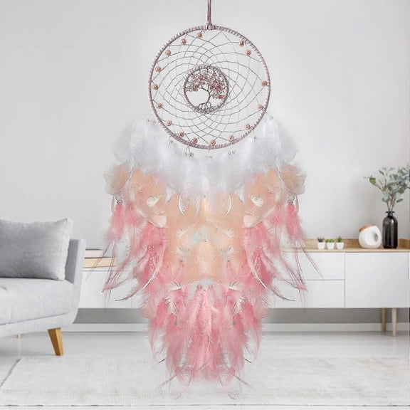 Tree of Life Dream Catcher Pink Feather Wall Decor Featuring Natural Healing Crystal Stone Perfect Handmade Home Decor and Bedroom Decor