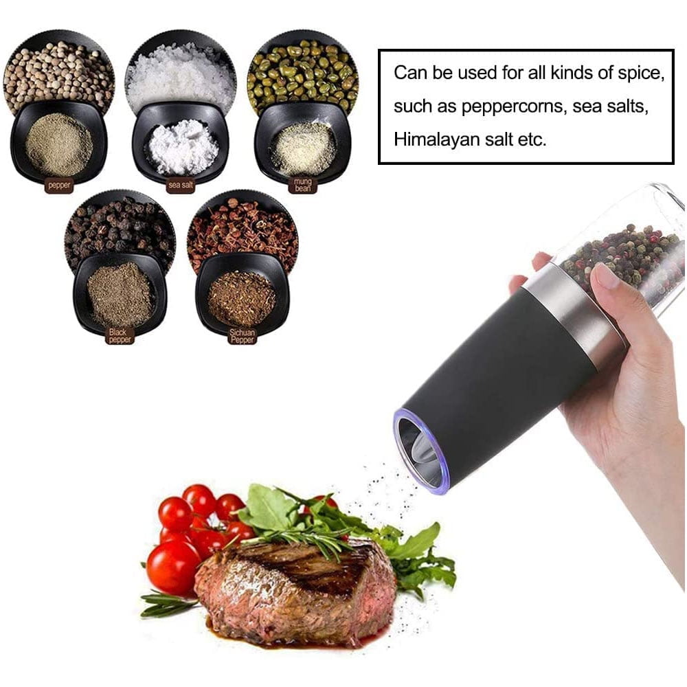 Automatic Salt and Pepper Grinder Set, Gravity-Activated Electric Grinders with Adjustable Coarseness, LED Light, and One-Handed Operation, Ideal for Spices,Battery Operated (Black,2Pack)