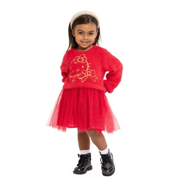 Hello Kitty Toddler Girls Eyelash Knit Tutu Dress with Long Sleeves, Sizes 12M-5T