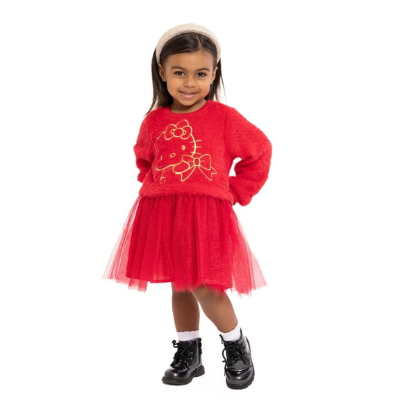 Hello Kitty Toddler Girls Eyelash Knit Tutu Dress with Long Sleeves, Sizes 12M-5T
