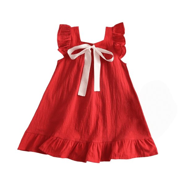 LYMAYTER Ruffle Flutter Sleeve Dress for 1-6Y Girls Summer Breathable A Line Dress With Back Bow