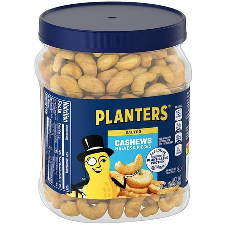 PLANTERS Salted Cashew Halves CM31 & Pieces, Party Snacks, Plant-Based Protein, 26 Oz Canister