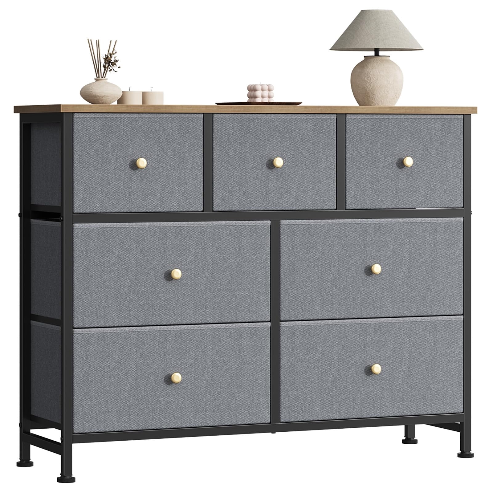 Telyra 7-Drawer Fabric Dresser TV Stand Organizer with Wood Top and Metal Frame Wide Storage Chest, Greyish Blue