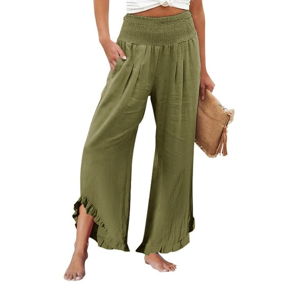 Difdany Palazzo Pants for Women 2025 Dressy Causal High Waisted Ruffle Trim Wide Leg Pant Loose Fit Stretchy Long Lounge Pants Palcomfy Trouser