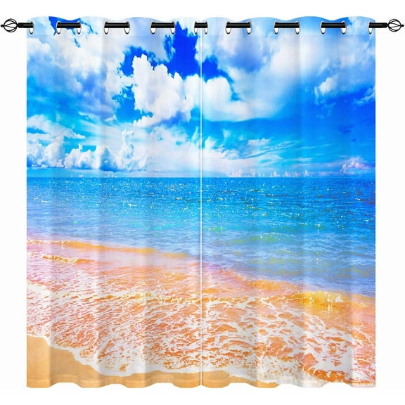 Beach Theme Curtains, Ocean Tropical Summer Hawaiian Sea Waves Landscape Pattern Waterproof Grommet Window Drapes for Bedroom Living Room Bathroom Laundry Room Closet 2 Panels W42 x L63