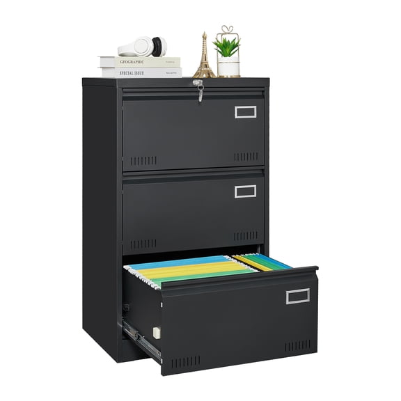 Black 3-Drawer Vertical Metal File Cabinet with Lock for A4/Legal/Letter, Lateral Steel Storage, Home Office, Assembly Required