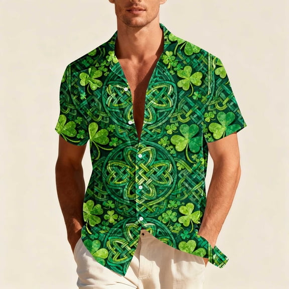 PNTUTB Men's St. Patrick's Day Fashion Print Casual Loose Comfort Collared Button Down Short Sleeve Blouse