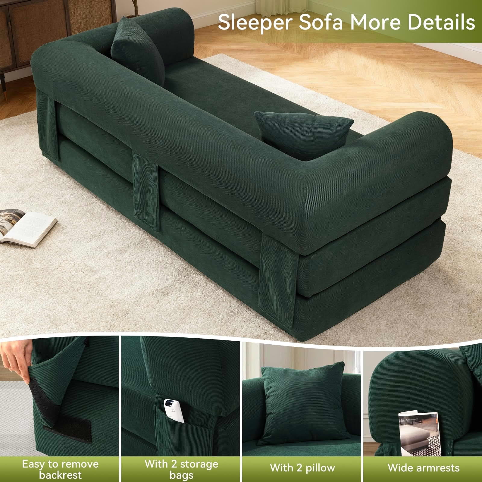 MAYEERTY 80" Dark Green Corduroy Convertible Sofa Bed, 600lbs Queen Size Fold Out Sleeper Couch with Storage & No Assembly for Living Room