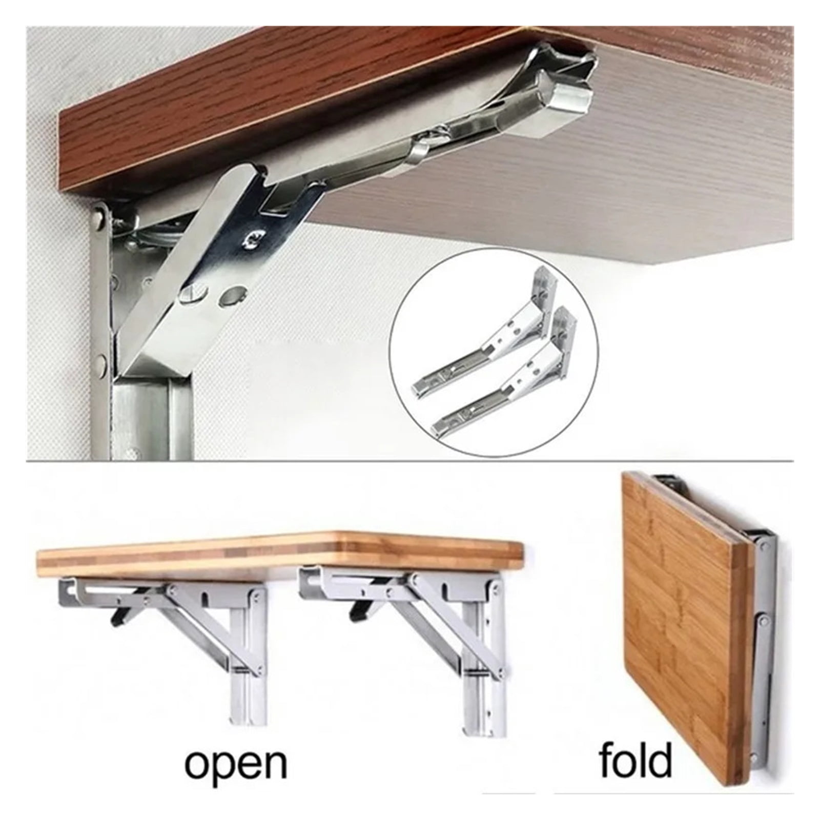 2pcs Heavy Duty Stainless Steel Folding Shelf Brackets Collapsible Wall Mounted L-Table Hinges for Bench Table with Screws
