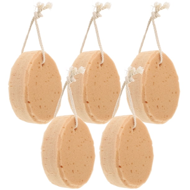 5 esponjas de baño de algas artificiales de algodón y panal, biodegradables, para niños y adultos, con cuerda para colgar (marrón)