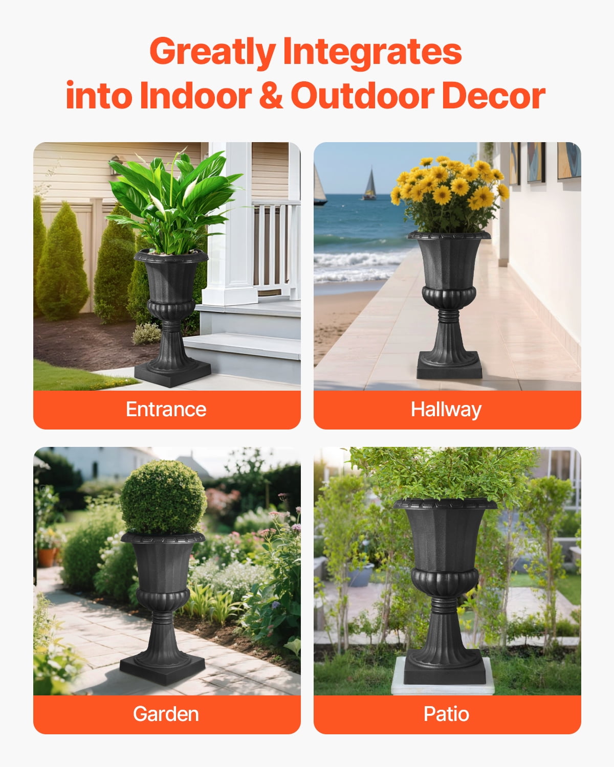 VEVOR Plastic Urn Planters, 15.8 x 26.4 Inch, 2 Pack Black Classic Flower Pots Front Porch Planters, Indoor & Outdoor Vase for Wedding, Party, Event, Home, Stage, Garden, Balcony, Patio Decoration
