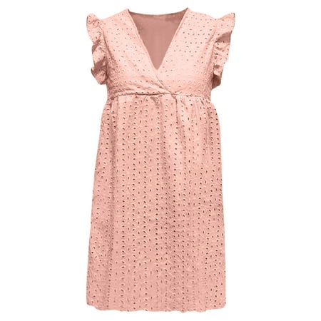 VSSSJ Women s Summer Lace Eyelet Mini Dresses Casual Loose Solid Color V Neck Above Knee Ruffle Cap Sleeve Cute Babydoll Dress