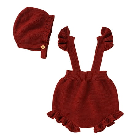

TIREOW Children s Daily Bodysuit Girls Strap Solid Knitted Ruffles Sweater Baby Jumpsuit with Hat Outfits Clothes Set Daily Athleisure Romper
