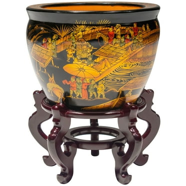 Oriental Furniture 12" Black Lacquer Fishbowl - Ching Ming